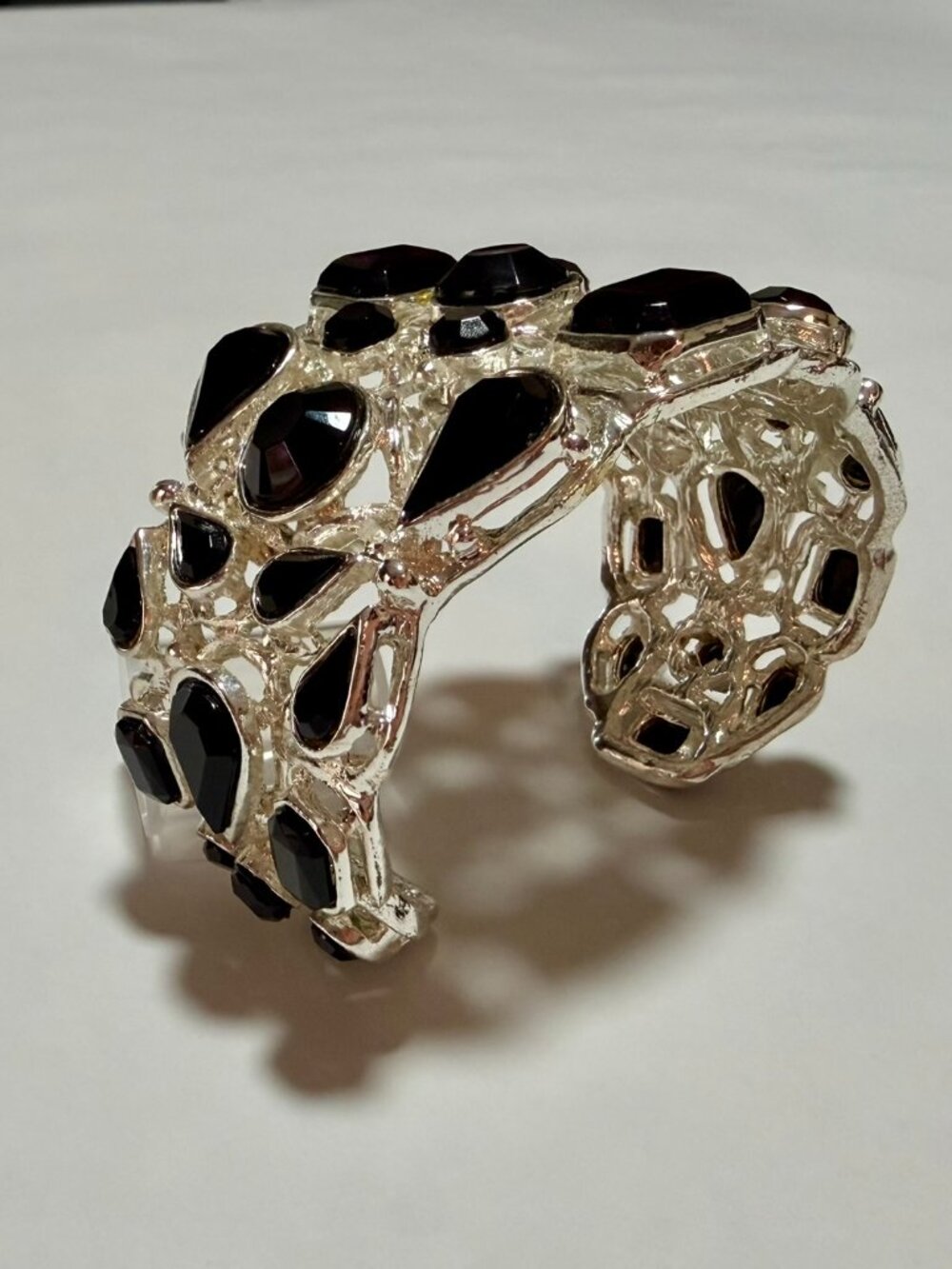 WHBM Silver Statement Cuff Bracelet with Black Beveled Stones